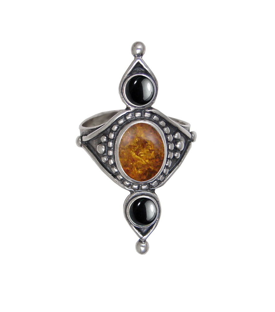 Sterling Silver Royal Ring With Amber And Hematite Size 10